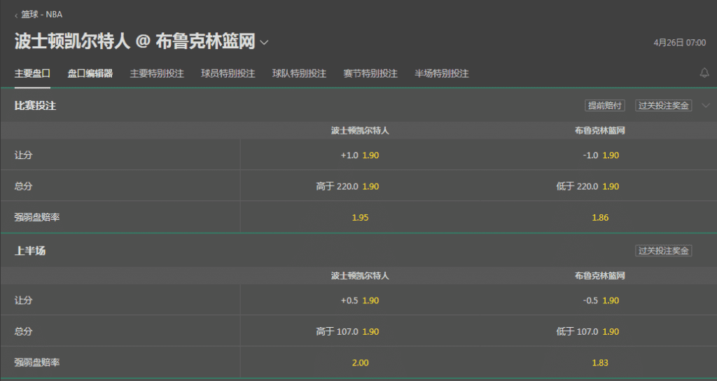 NBA-美国体育:篮网VS凯尔特人;bet365的让分盘只有1分差距 bet365-NBA篮球-篮网VS凯尔特人